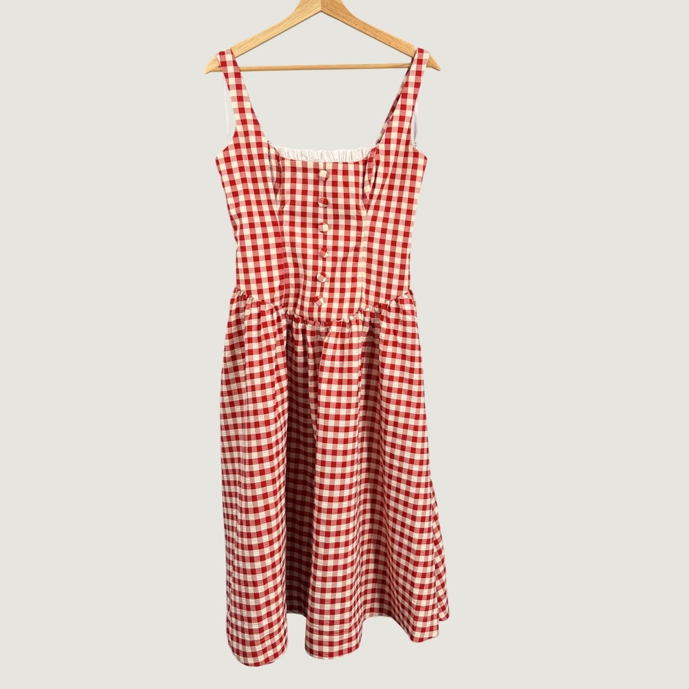 For Love & Lemons Dress Red Gingham Button Front Midi Size Medium New